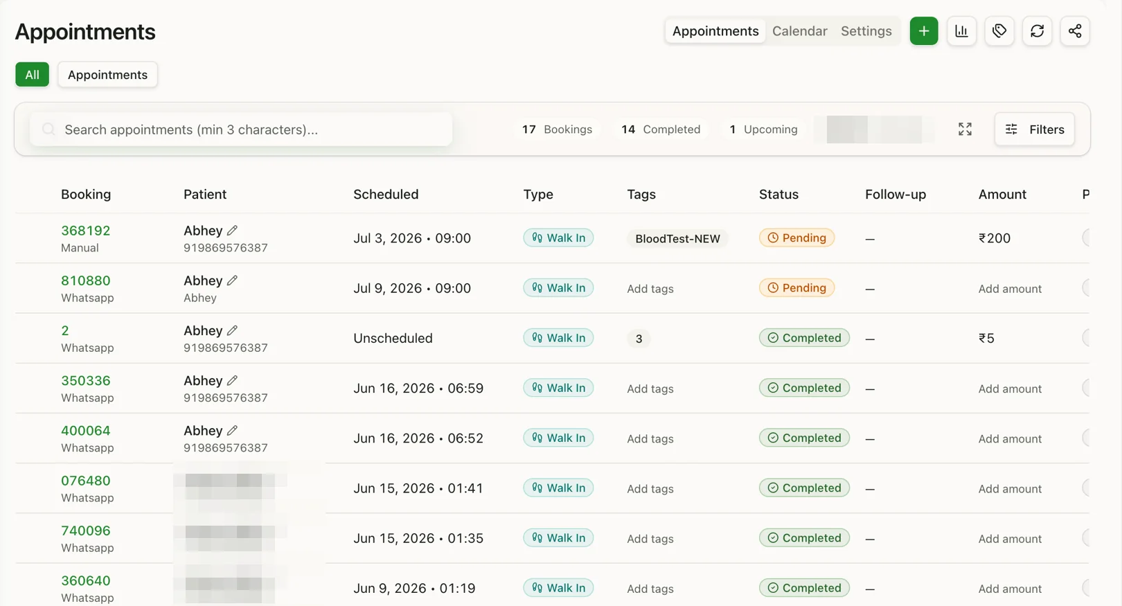 ReviewsFlow appointments dashboard — WhatsApp bookings with pending and completed status