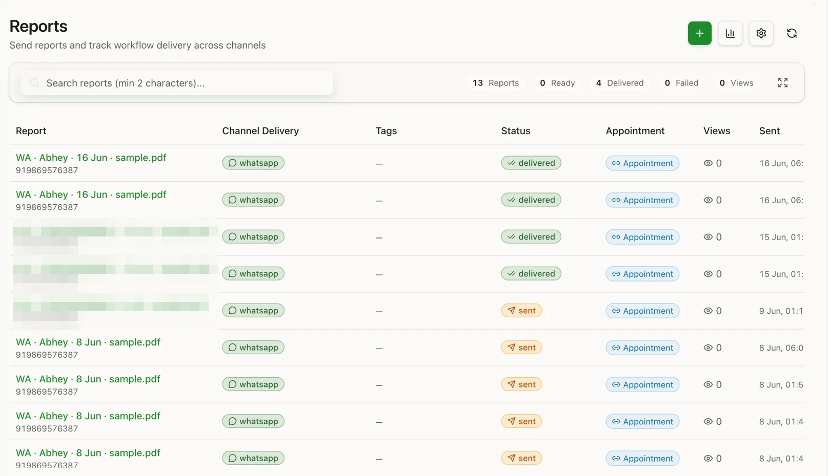 ReviewsFlow reports dashboard — WhatsApp report delivery tracking with delivered status