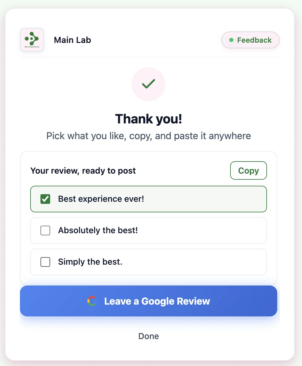 ReviewsFlow patient review flow — one-tap review ready to post to Google